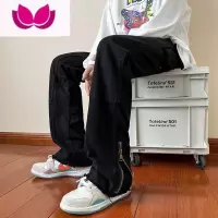 七斓黑色牛仔裤男女2023高端美式潮牌高街设计感拉链宽松直筒休闲