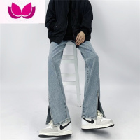 七斓妈个鸡妈 ins嘻哈复古高街拼接裤脚开叉直筒裤显瘦宽松牛仔裤男女