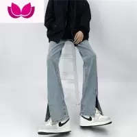 七斓妈个鸡妈 ins嘻哈复古高街拼接裤脚开叉直筒裤显瘦宽松牛仔裤男女