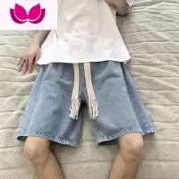 七斓港风ins复古织带牛仔短裤男夏季薄款宽松休闲潮流百搭学生五分裤