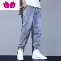 七斓牛仔裤男夏季薄款束脚工装哈伦裤百搭潮流抽绳松紧腰学生休闲裤子