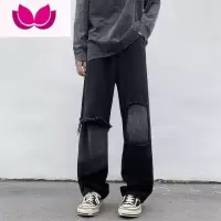 七斓美式复古假破洞牛仔裤男款黑色高街阔腿长裤宽松小众潮牌裤子