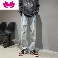 七斓破洞棋盘格牛仔裤男春季ins高街设计感直筒长裤潮牌痞帅炸街裤子
