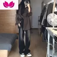七斓美式复古黑色做旧直筒牛仔裤子男女款宽松显瘦垂感阔腿拖地长裤潮