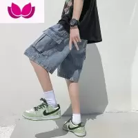 七斓工装牛仔短裤男夏季薄款宽松直筒大口袋五分裤子潮牌百搭运动中裤