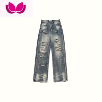 七斓妈个鸡妈 ins夏季街头复古破洞水洗牛仔裤宽松休闲直筒裤长裤男女