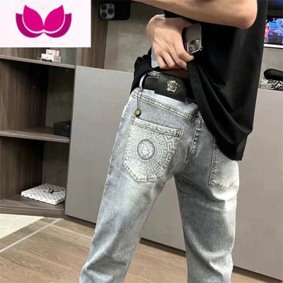七斓春季印花牛仔裤男高端刺绣潮牌网红同款修身休闲百搭学生九分裤子