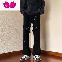 七斓美式vibe设计感裤子ins高街潮牌黑色绑带牛仔裤男直筒hiphop长裤