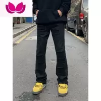 七斓美式复古潮牌修身显瘦破洞黑色牛仔裤男女款高街vibe风休闲长裤子