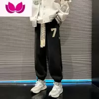 七斓裤子男款春季潮牌百搭刺绣束脚运动卫裤美式复古宽松休闲长裤