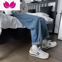 七斓港风牛仔裤男宽松直筒ins潮水洗休闲长裤潮牌九分裤阔腿裤