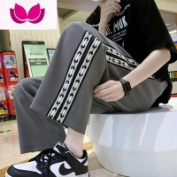 七斓编织带条纹九分裤男ins盐系薄款直筒裤hiphop宽松休闲裤子潮