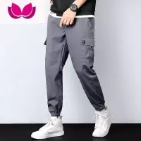 七斓大口袋工装裤子男士夏季薄款冰丝潮牌休闲长裤宽松灰色束脚卫裤男
