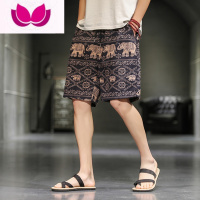 七斓短裤男夏季薄款亚麻五分裤泰国大象速干沙滩裤潮牌复古男士大裤衩