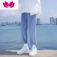 七斓松紧腰牛仔裤男夏季薄款宽松直筒阔腿裤子男士潮牌港风高街九分裤