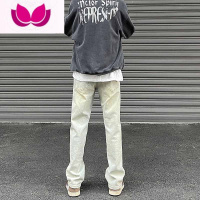 七斓欧美vibe裤子高街美式复古黄泥牛仔裤男款春季做旧直筒微喇叭裤