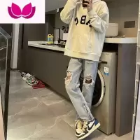 七斓美式潮牌开叉破洞牛仔裤男女ins高街小众设计感炸街痞帅修身裤子
