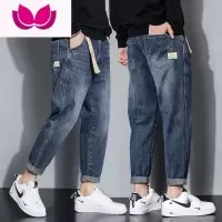七斓款工装牛仔裤男潮牌宽松直筒九分哈伦裤韩版潮流日系复古裤子