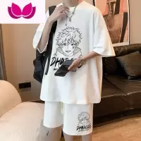 七斓卡通大码华夫格套装男生夏季青少年休闲运动搭配短裤短袖套潮