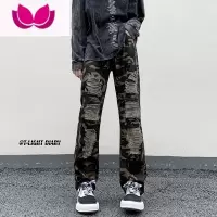 七斓破洞牛仔裤男春季美式高街小众设计感迷彩裤子潮牌直筒宽松休闲裤