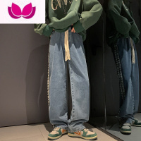 七斓高街重工织带牛仔裤男高街ins潮牌阔腿裤子宽松大码直筒长裤