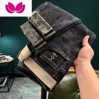 七斓薄款潮牌高端欧美新塘牛仔裤男士修身小脚弹力印花裤子腰带