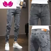 七斓春季牛仔裤男款夏季薄修身小脚弹力锥形潮牌黑灰色休闲长裤子