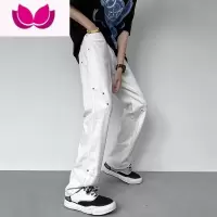 七斓美式vibe风裤子高街潮ins白色工装牛仔裤男设计感小众微喇直筒裤