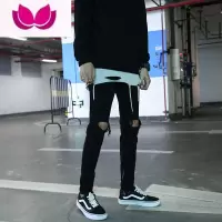 七斓黑色牛仔裤男款破洞裤男生高街小脚裤男裤休闲裤潮牌美式裤子男士