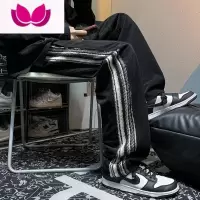 七斓灯芯绒裤子男春季条纹拼接阔腿运动裤美式大码百搭宽松休闲裤