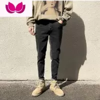 七斓2023春季牛仔裤男士潮牌修身小脚休闲长裤子韩版潮流烟灰色弹力款