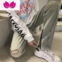 七斓破洞牛仔裤男春季美式高街vibe裤子黄泥色毛边拉链修身直筒休闲裤