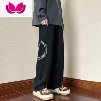 七斓美式痞帅黑色牛仔裤男宽松复古直筒裤潮流ins高街阔腿长裤子
