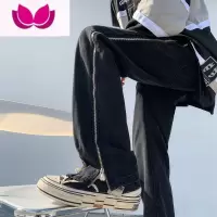 七斓黄泥色牛仔裤男夏季薄款拉链设计感高级阔腿美式高街宽松直筒裤子