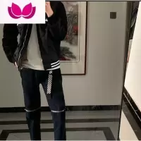 七斓黑色膝盖一字拉链牛仔裤男四季款修身小脚九分裤潮流高街潮牌裤子