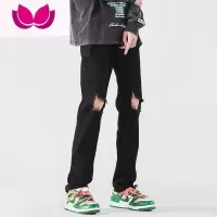 七斓黑色直筒牛仔裤男夏季破洞修身小脚裤子美式高街vibe潮牌休闲长裤