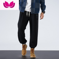七斓运动裤子男款宽松束脚休闲卫裤长裤大码美式潮牌黑灰色针织