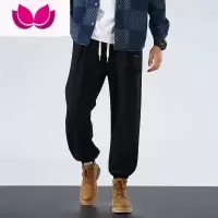 七斓运动裤子男款宽松束脚休闲卫裤长裤大码美式潮牌黑灰色针织