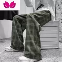 七斓军绿色格子裤子高街ins潮垂感阔腿裤男直筒oversize古着vintage裤