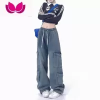 七斓美式高街复古工装松紧腰抽绳做旧宽松牛仔裤长裤裤子男女ins潮牌