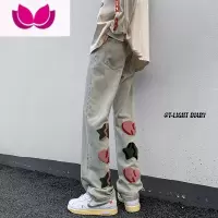七斓牛仔裤男小众设计感美式高街vibe修身裤子毛巾绣直筒休闲长裤