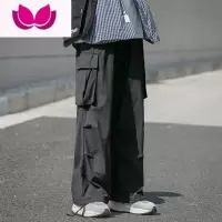 七斓日系工装裤男士夏季薄款潮牌复古抽绳多口袋直筒黑色休闲裤子