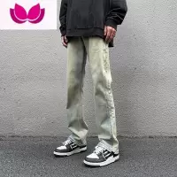 七斓美式高街牛仔裤男春潮流hiphop百搭宽松直筒裤泥黄色水洗复古裤子