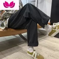 七斓黑色休闲裤男款春季潮流ins痞帅直筒裤潮牌宽松搭扣卷边九分裤子