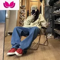 七斓美式hiphop裤子高街潮牌深蓝色复古牛仔裤男款宽松直筒垂感阔腿裤