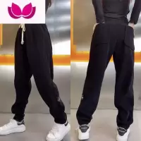 七斓裤子男春季款黑色博澳绒运动休闲卫裤潮流百搭宽松弹力小脚哈伦裤
