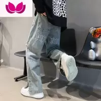 七斓排扣牛仔裤潮牌男装做旧高街直筒宽松夏季薄款hiphop美式破洞裤子