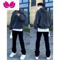 七斓美式vintage复古弹力黑色牛仔裤男秋季街头修身长裤直筒休闲裤子