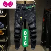 七斓夏季薄款潮牌破洞黑色牛仔裤男士宽松直筒韩版潮流弹力裤子