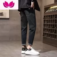 七斓牛仔裤男士夏季新款修身百搭潮牌直筒黑色九分运动休闲裤子男